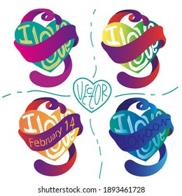 Heart with ribbon vector. Illustration for postcards, greetings, invitations. I love. February 14. London