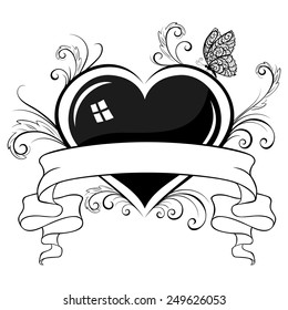 Heart and ribbon.  Vector silhouette isolated on white background.