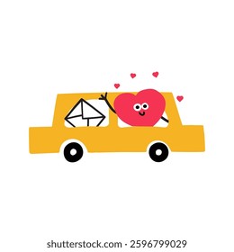 Heart rides in the car waving and smiling. Fun character. Valentine's day concept. Illustration