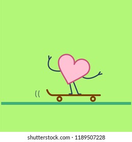 Heart riding skateboard. Vector concept illustration of fast moving happy heart or love on wheels | flat design linear infographic icon on green background
