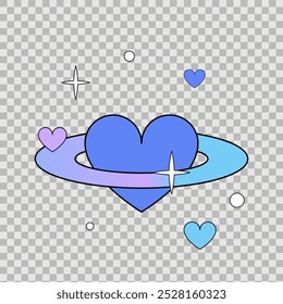 Coração com um anel em torno dele, ilustração vetor simples isolado no fundo transparente.
O planeta está saturado como um coração, corações e estrelas ao redor. Planeta do adesivo de amor. Ícone minimalista, sinal