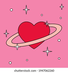 A heart with a ring around it that looks like the planet Saturn. Minimal illustration for a flash tattoo or sticker.