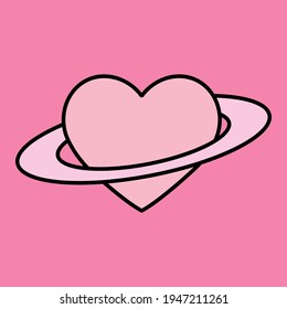 A heart with a ring around it that looks like the planet Saturn. Minimal illustration for a flash tattoo or sticker.