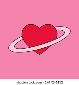 A heart with a ring around it that looks like the planet Saturn. Minimal illustration for a flash tattoo or sticker.