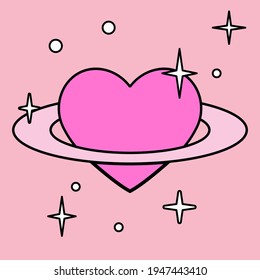 A Heart With A Ring Around It That Looks Like The Planet Saturn. Minimal Illustration For A Flash Tattoo Or Sticker.