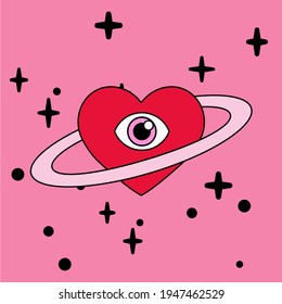 A heart with a ring around it that looks like the planet Saturn. Minimal illustration for a flash tattoo or sticker.