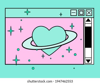 A heart with a ring around it that looks like the planet Saturn and retro user interface window.