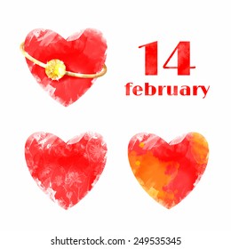 Heart with Ring. Watercolor vector background. Red.