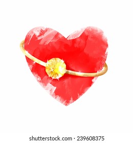 Heart with ring. Watercolor vector backrgound. Red. 