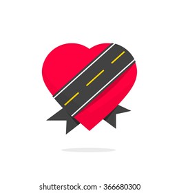 Heart With Road Ribbon Around Vector Logo, Concept Of Love Travailing Sign, Journey Flat Icon, Trip Logotype, Travel Agency Sticker Modern Illustration Design Isolated On White  