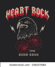 Heart Rock Euro Tour 96 fake rock band grunge poster design with eagle and rose illustration