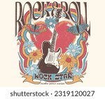 Heart rock music logo. Rock and roll tour t shirt print design. Rockstar vector artwork. Rose flower graphic illustration. Music poster. Guitar and butterfly artwork.