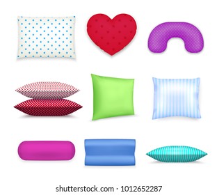 Heart roll square and contour cervical pillows realistic colorful set with travel neck cushion isolated vector illustration 