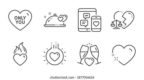 Heart, Romantic dinner and Heart flame line icons set. Wedding glasses, Divorce lawyer and Love signs. Only you, Social media symbols. Love, Restaurant food, Mobile devices. Love set. Vector