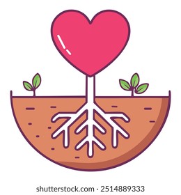 Raízes cardíacas e ilustração de crescimento. Ilustração estilizada de um coração crescendo raízes no solo com duas pequenas plantas emergindo do solo.