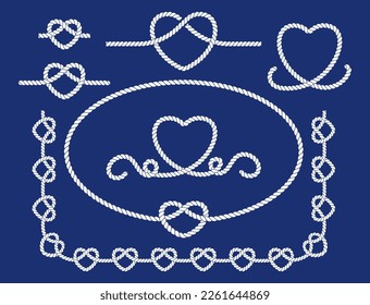 Heart rope frame design elements isolated on blue background. Twisted cord with decorative loops and knots. Braided rope decor. Vintage flat cartoon vector border.