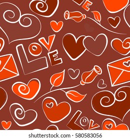 Heart, rose flower, letter and love text seamless pattern on a brown background. Vector illustration.
