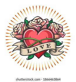 Heart and Rose Flowers with ribbon. Love Theme Tattoo isolated on white. Vector illustration.