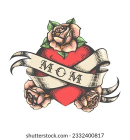 Heart with Rose Flowers and Ribbon with wording Mom Engraving Tattoo isolated on white. Vector illustration