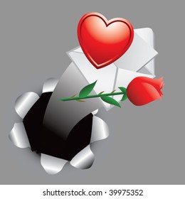 heart and rose with letter coming out of hole