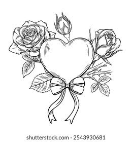 Heart with rose, love, engraving, black line art. For your inscription with copy space.