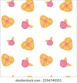 Heart and rose pattern with yellow hearts and pink roses on white background.