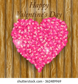 heart of rose petals on a wooden background.Valentines day. Abstract cards. eps 10.