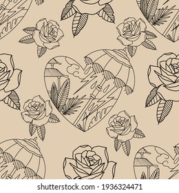 heart and rose seamless pattern in vector.
