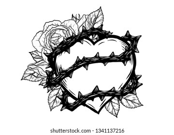 Heart with rose vine vector by hand drawing.Beautiful tattoo on white background.Graphic art highly detailed in line art style.