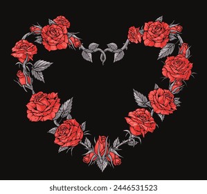 Heart of roses colorful element with symbol love and passion between bride and groom made weaving prickly flowers vector illustration