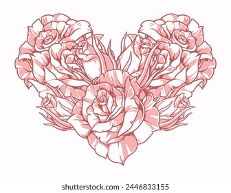 Heart of roses colorful sticker with fresh flowers forming symbol of love and sympathy between people vector illustration
