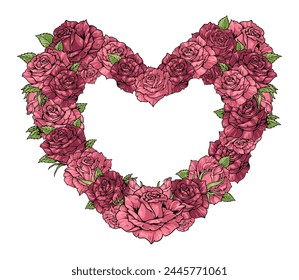 Heart of roses frame colorful with scarlet flowers for design photo of newlyweds celebrating honeymoon vector illustration