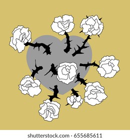 Heart and roses. Isolated vector illustration. Roses sprouting from human heart. Metaphor for pains of love. Based on hand drawn original style graphic art.