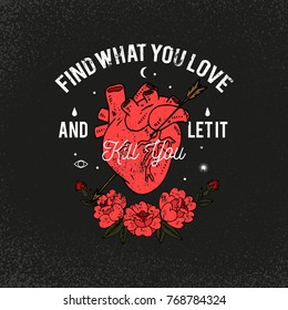 Heart with roses. Kill you slogan. Typography graphic print, fashion drawing for t-shirts. Vector stickers,print, patches vintage rock style