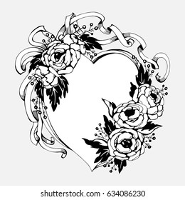 Heart with roses and ribbons. Black and white wedding picture. Illustration for tattoo or print, Valentine's day, heart in Doodle style, contour, hand drawing vector illustration on white background.