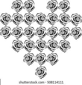 Heart of roses. Vector illustration of a background of red roses. Hand drawn red roses in the shape of heart. Heart vector outline of flowers. Card heart of roses for the holiday.