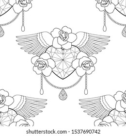 Heart and roses vector outline seamless pattern
