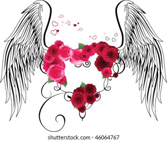 Heart with roses and wings. All elements and textures are individual objects. Vector illustration scale to any size.