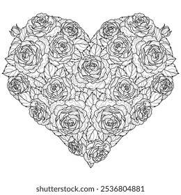 Heart of roses.Coloring book antistress for children and adults. Illustration isolated on white background. Hand draw