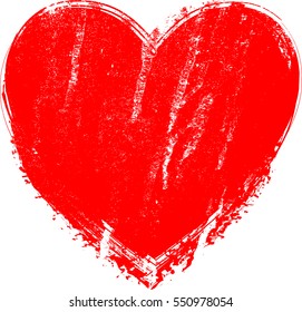 Heart with rough edges . Grunge red paint overlay stamp . Splattered Shape . Distressed symbols. Textured Valentine's Day love signs. Decoration element for your design . Vector illustration.