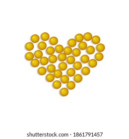 Corazón de dragas redondas, vitaminas. Ilustración vectorial, diseño realista, aislado en fondo blanco, eps 10. Concepto: vitaminas útiles para el trabajo del corazón, omega, ácidos grasos, cápsulas de aceite.