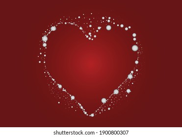 Heart with round shapes. Heart in points design. Heart of silver dots. Dot heart design. Decor for the wedding and Valentine's Day. Romantic theme. Red Background
