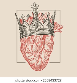 Heart with royal crown, illustration in medieval engraving style