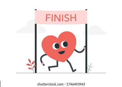 heart running across finish line. Mental health goal concept illustration.