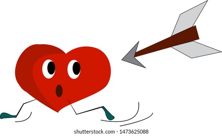 Un corazón que huye de una flecha afilada, vector, dibujo de color o ilustración.