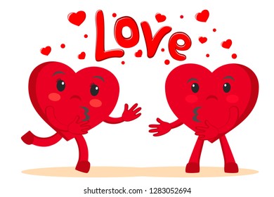 Heart runs to the other in a hug on a white background. Valentine's day