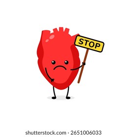 Heart with sad face holding stop sign conveys an emotional warning message through a cute design.