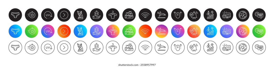 Heart, Salary and Wholesale goods line icons. Round icon gradient buttons. Pack of T-shirt, Notification received, Quick tips icon. Panties, Microscope, Air fan pictogram. Vector