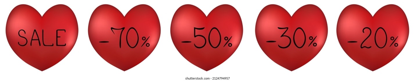 Heart and Sale. Red heart. Seasonal discounts -20%, -30%, -50%, -70% for Valentines Day. Set of color vector illustrations. Collection of holiday sale love symbols. Isolated background. 