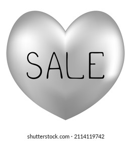 Heart and Sale. Silver heart. Seasonal discounts for Valentines Day. Colored vector illustration. Symbol of love. Holiday sale. Isolated background. Idea for web design, banner.